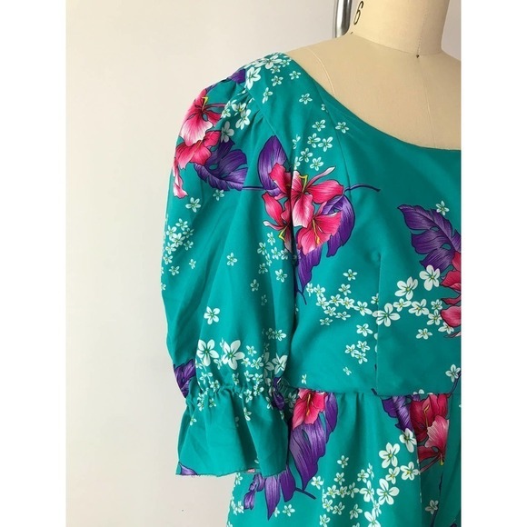 70s Hawaiian Floral Jumpsuit Mod Blue Maxi Romper Tropical Teal - Picture 4 of 10